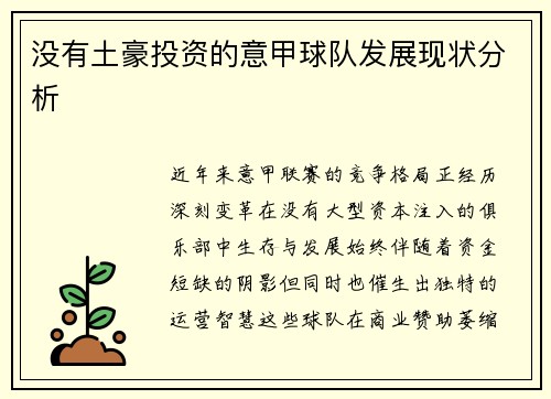 没有土豪投资的意甲球队发展现状分析