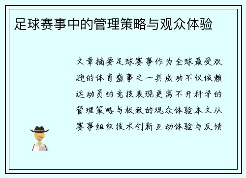 足球赛事中的管理策略与观众体验