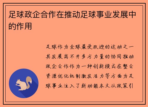 足球政企合作在推动足球事业发展中的作用